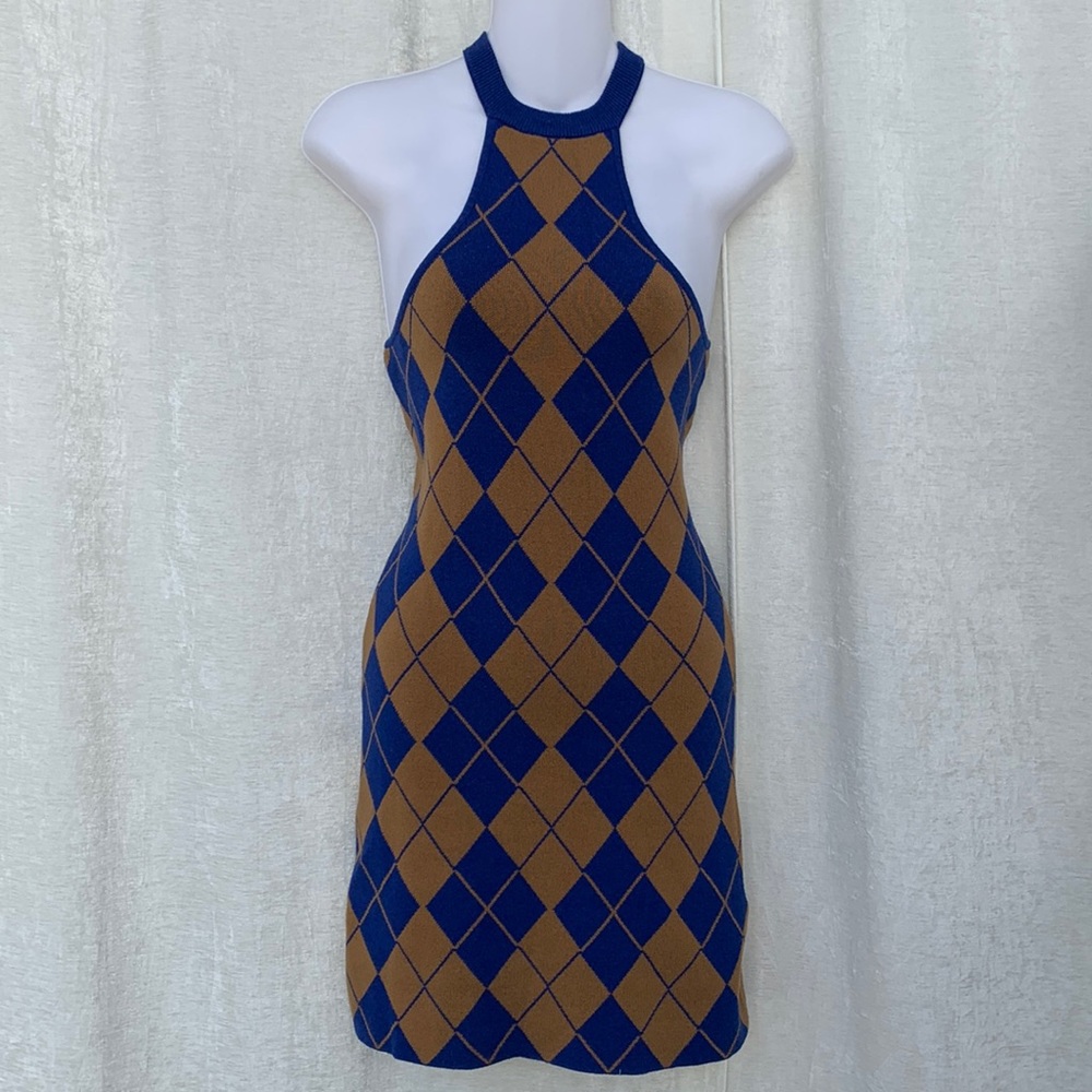 Urban Outfitters Argyle Halter RacerBack Sweater Dress Blue Mustard Yellow - Picture 3 of 12